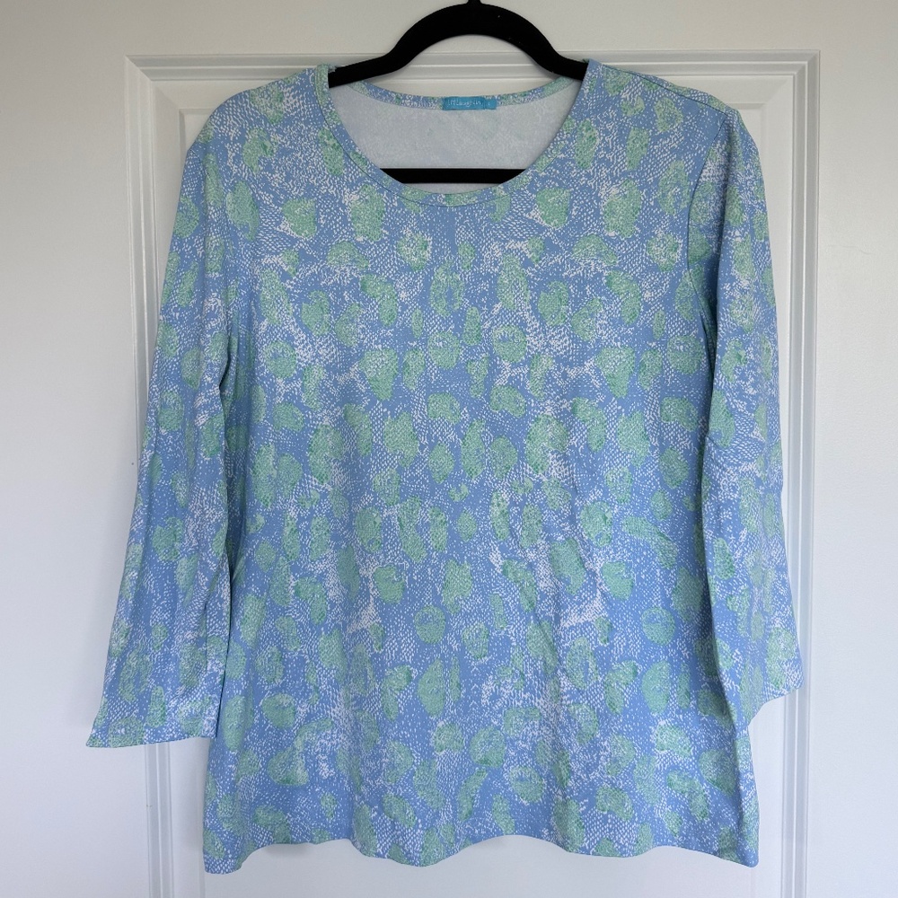 J. McLaughlin Wavering 3/4 Length Sleeve Tee in Blue Green Snake Print Large